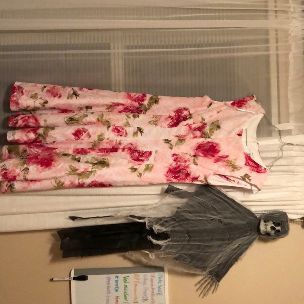 Pink dress with red, green, and white detailing